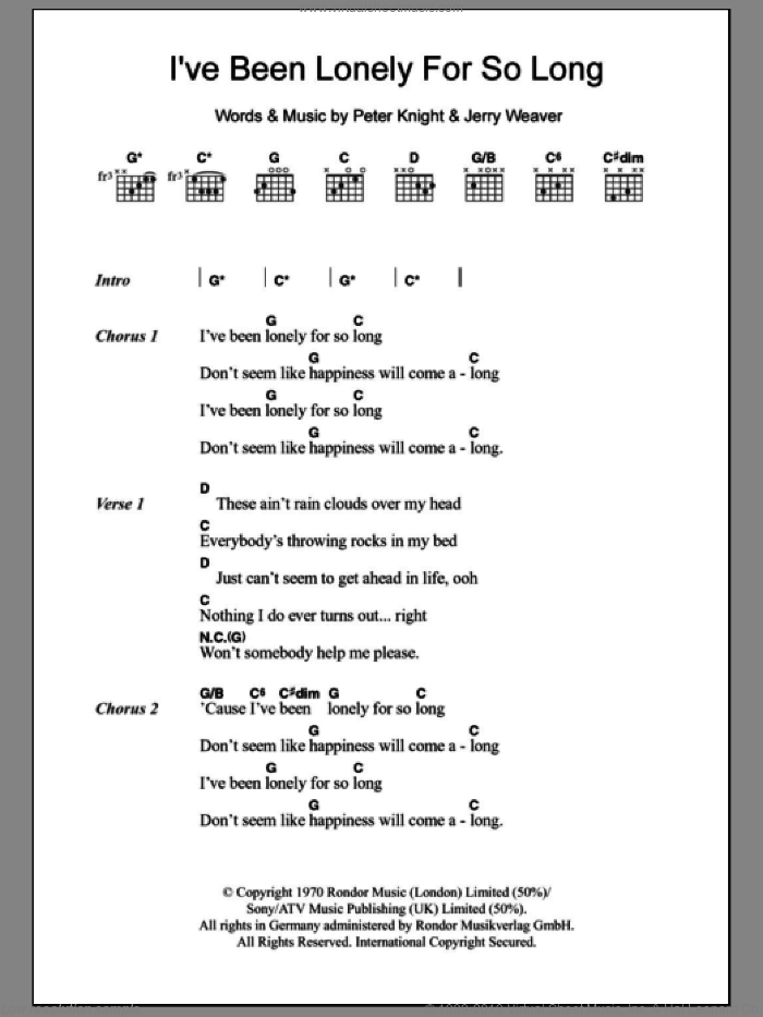 I've Been Lonely For So Long sheet music for guitar (chords) by Frederick Knight, Jerry Weaver and Peter Knight, intermediate skill level