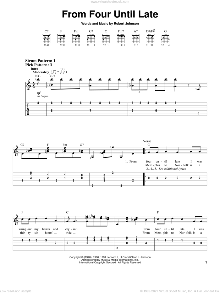 From Four Until Late sheet music for guitar solo (easy tablature) by Robert Johnson, easy guitar (easy tablature)