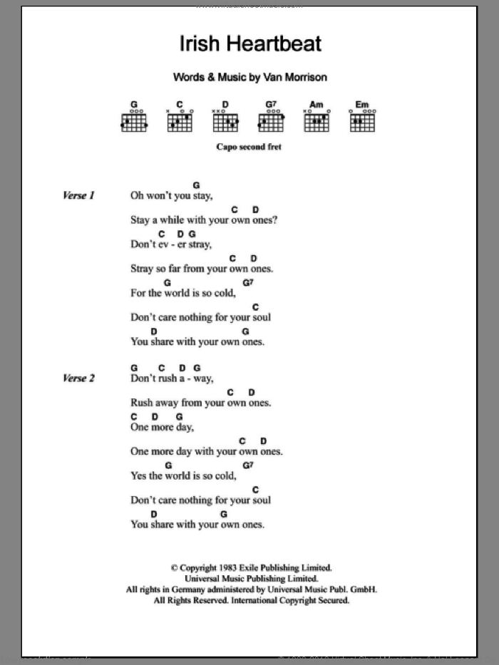 Irish Heartbeat sheet music for guitar (chords) by Van Morrison, intermediate skill level
