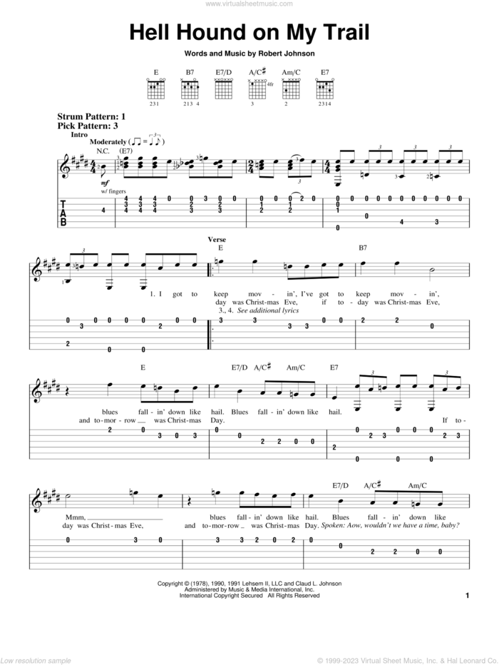 Hell Hound On My Trail sheet music for guitar solo (easy tablature) by Robert Johnson, easy guitar (easy tablature)