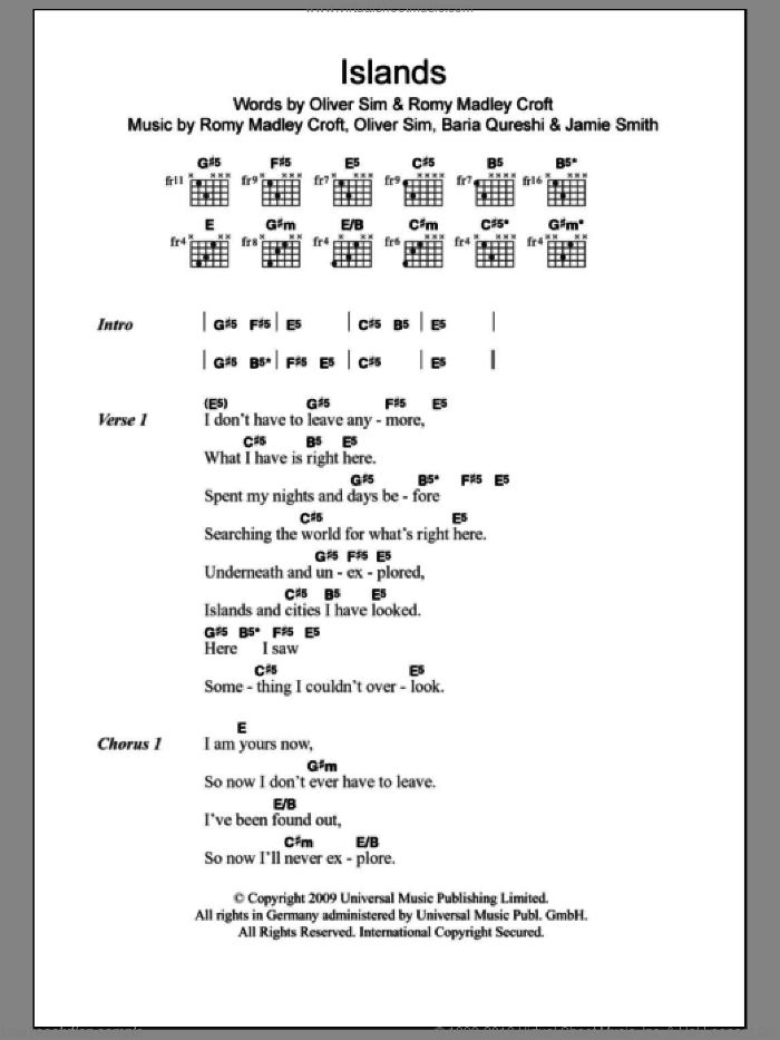 Islands sheet music for guitar (chords) by The XX, Baria Qureshi, Jamie Smith, Oliver Sim and Romy Madley Croft, intermediate skill level