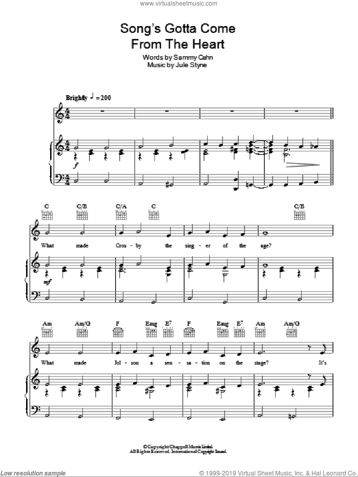 The Song's Gotta Come From The Heart sheet music for voice, piano or guitar by Frank Sinatra, Jule Styne and Sammy Cahn, intermediate skill level