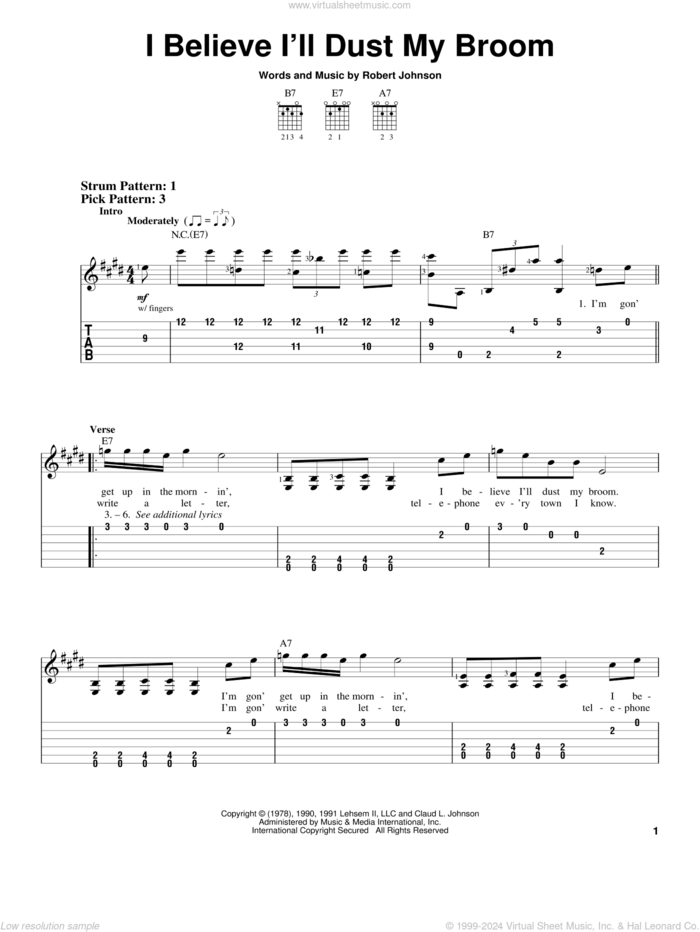 I Believe I'll Dust My Broom sheet music for guitar solo (easy tablature) by Robert Johnson, easy guitar (easy tablature)