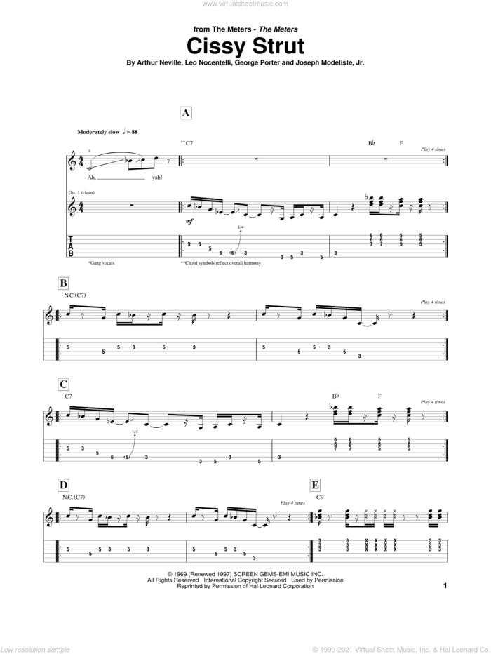 Cissy Strut sheet music for guitar (tablature) by The Meters, Arthur Neville, George Porter, Joseph Modeliste, Jr. and Leo Nocentelli, intermediate skill level