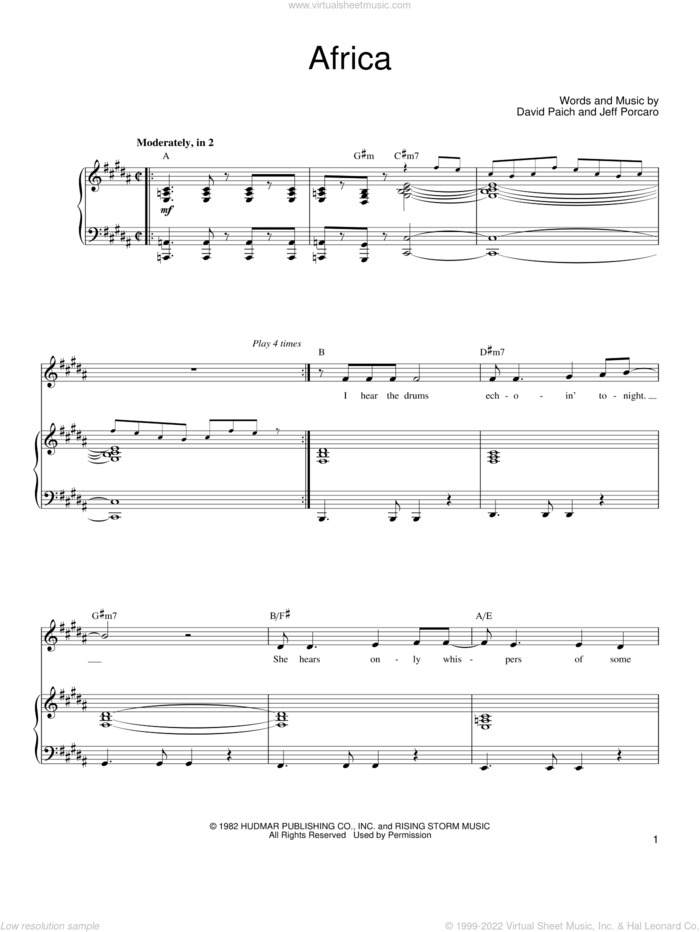 Africa sheet music for voice, piano or guitar by Toto, David Paich and Jeff Porcaro, intermediate skill level