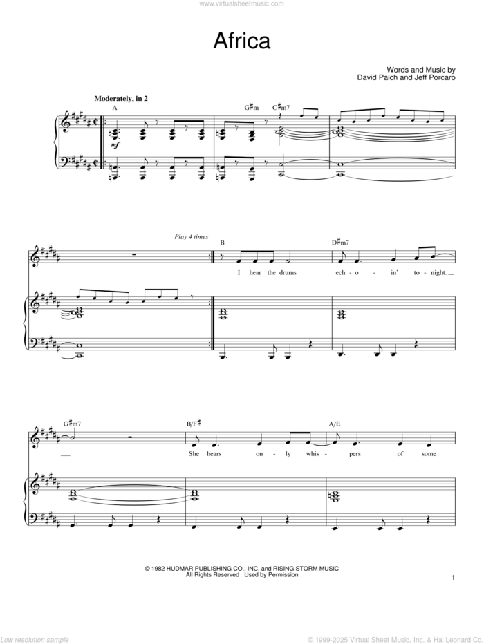 Africa sheet music for voice, piano or guitar by Toto, David Paich and Jeff Porcaro, intermediate skill level