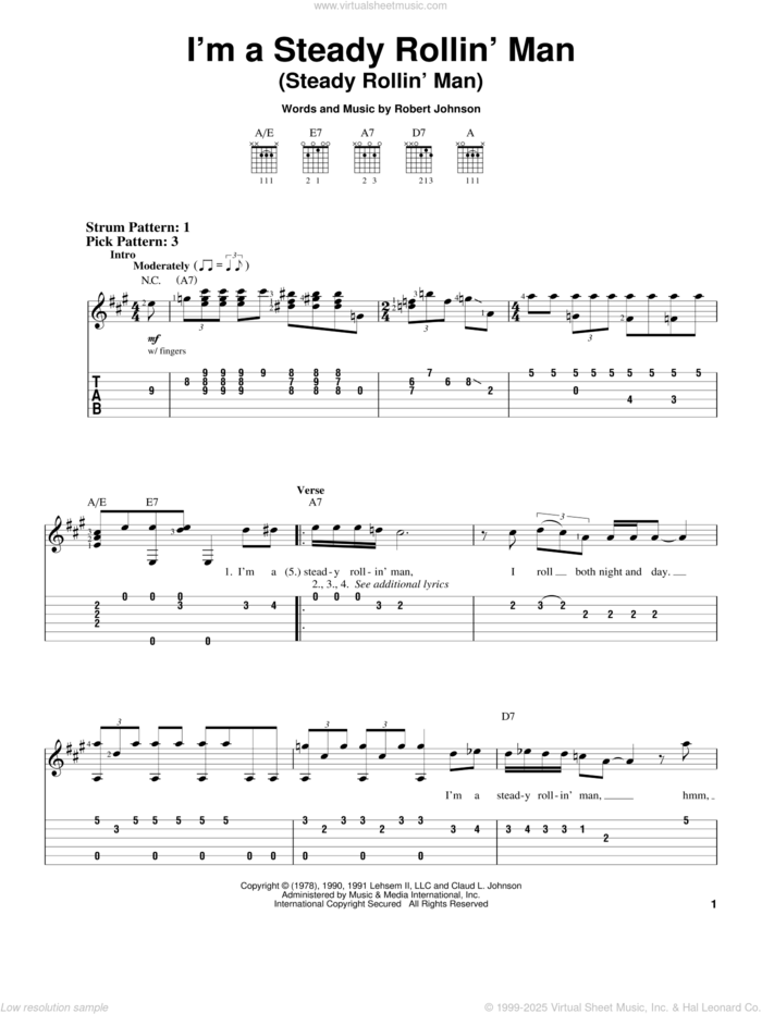 I'm A Steady Rollin' Man (Steady Rollin' Man) sheet music for guitar solo (easy tablature) by Robert Johnson and Eric Clapton, easy guitar (easy tablature)