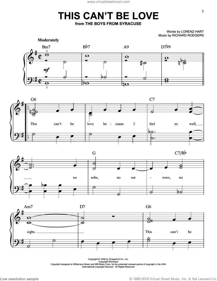 This Can't Be Love sheet music for piano solo by Rodgers & Hart, Lorenz Hart and Richard Rodgers, easy skill level