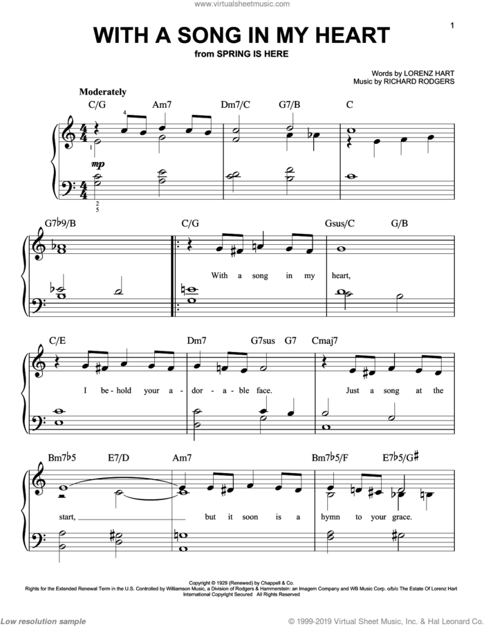 With A Song In My Heart sheet music for piano solo by Rodgers & Hart, Lorenz Hart and Richard Rodgers, easy skill level