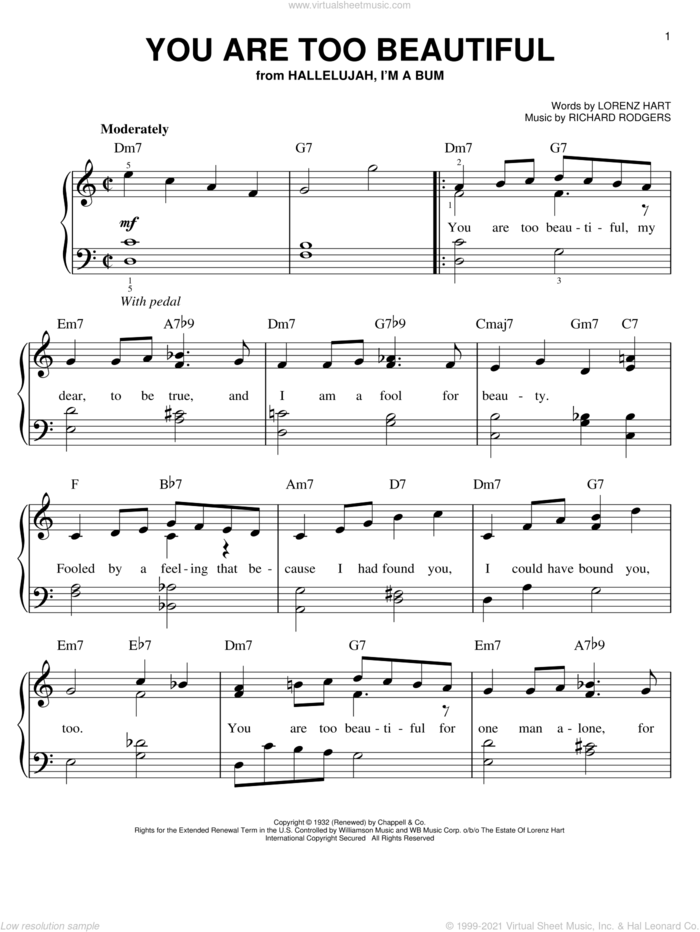 You Are Too Beautiful, (easy) sheet music for piano solo by Rodgers & Hart, Lorenz Hart and Richard Rodgers, easy skill level