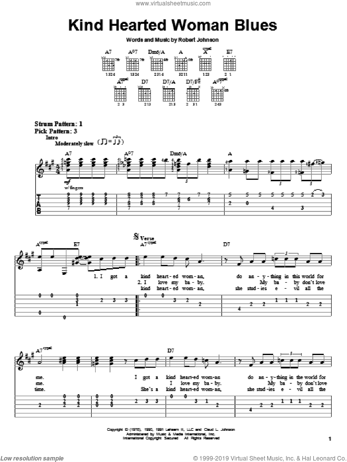 Kind Hearted Woman Blues sheet music for guitar solo (easy tablature) by Robert Johnson, easy guitar (easy tablature)