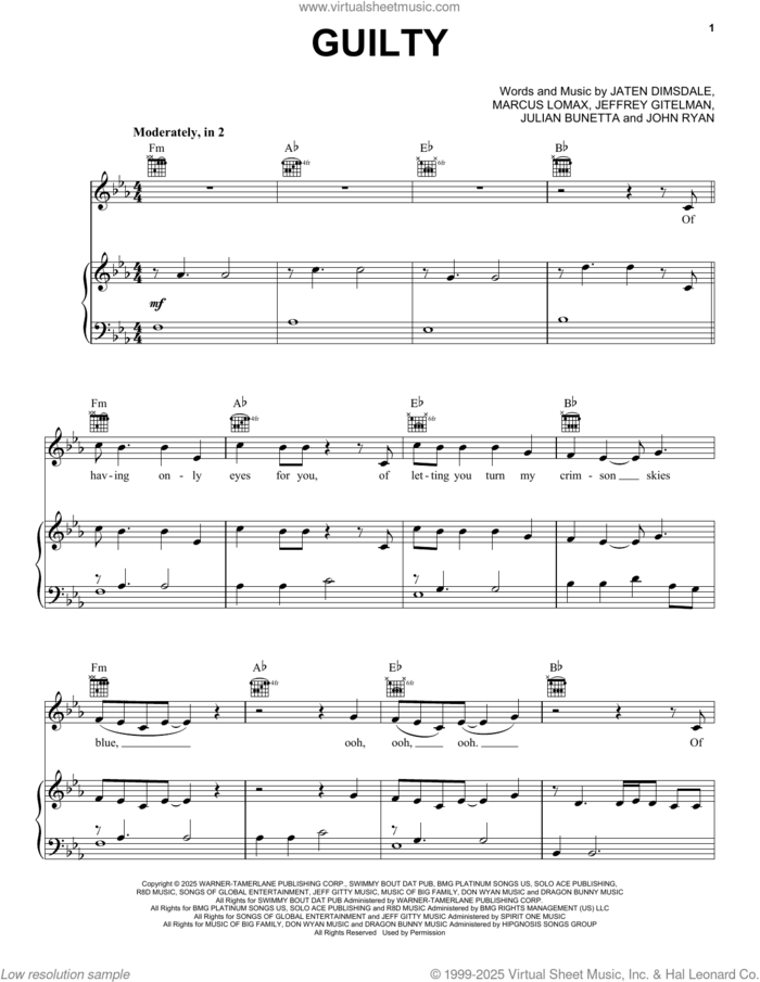 Guilty sheet music for voice, piano or guitar by Teddy Swims, Jaten Dimsdale (Teddy Swims), Jeffrey Gitelman, John Ryan, Julian Bunetta and Marcus Lomax, intermediate skill level