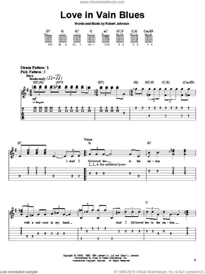 Love In Vain Blues sheet music for guitar solo (easy tablature) by Robert Johnson, easy guitar (easy tablature)