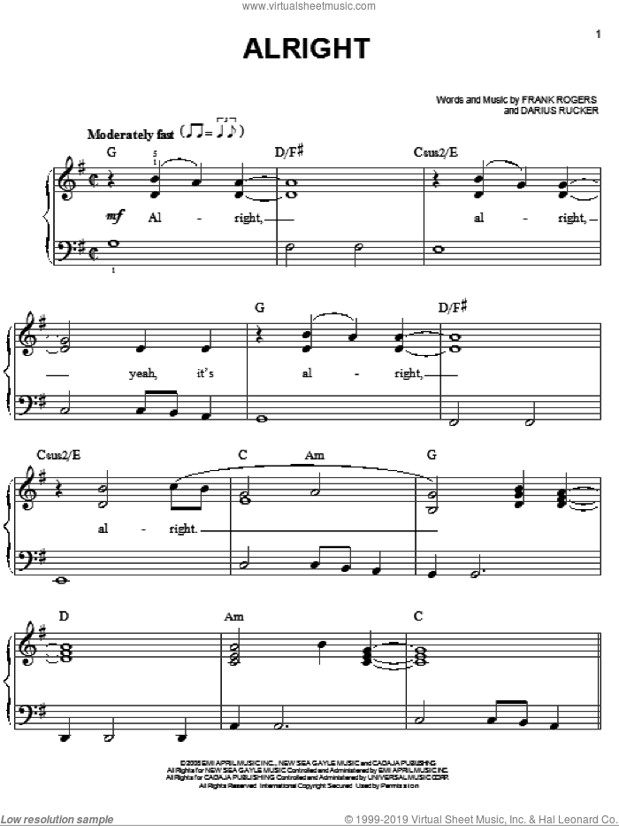 Alright sheet music for piano solo by Darius Rucker and Frank Rogers, easy skill level