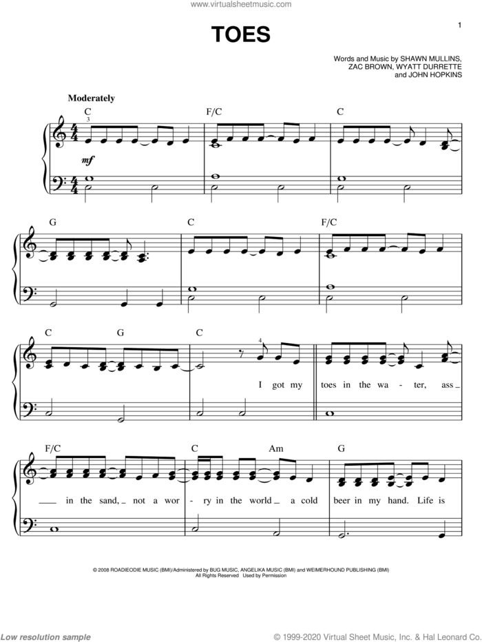 Toes sheet music for piano solo by Zac Brown Band, John Hopkins, Shawn Mullins, Wyatt Durrette and Zac Brown, easy skill level