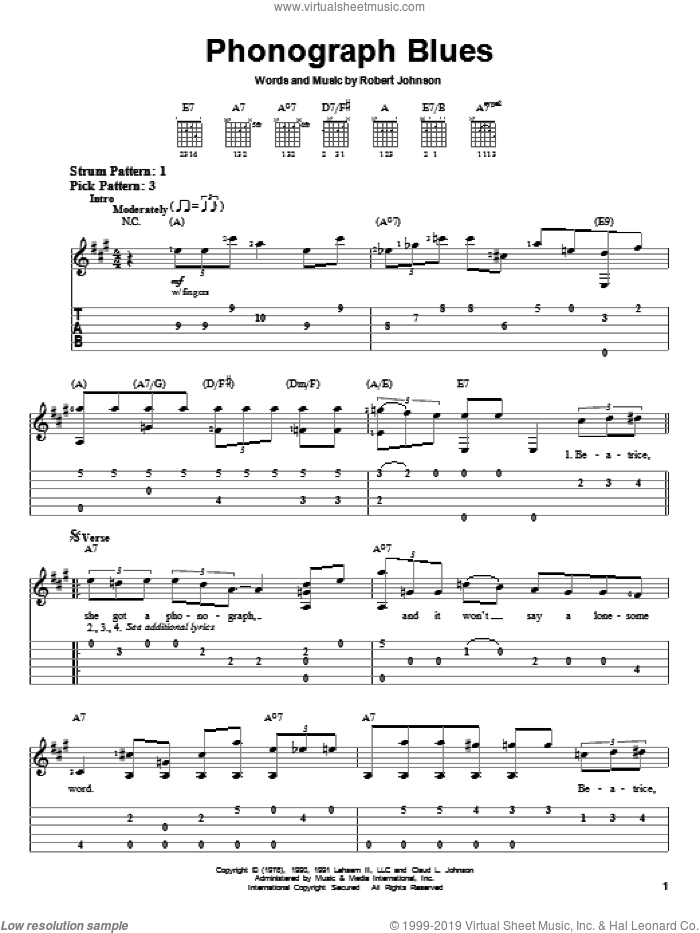 Phonograph Blues sheet music for guitar solo (easy tablature) by Robert Johnson, easy guitar (easy tablature)