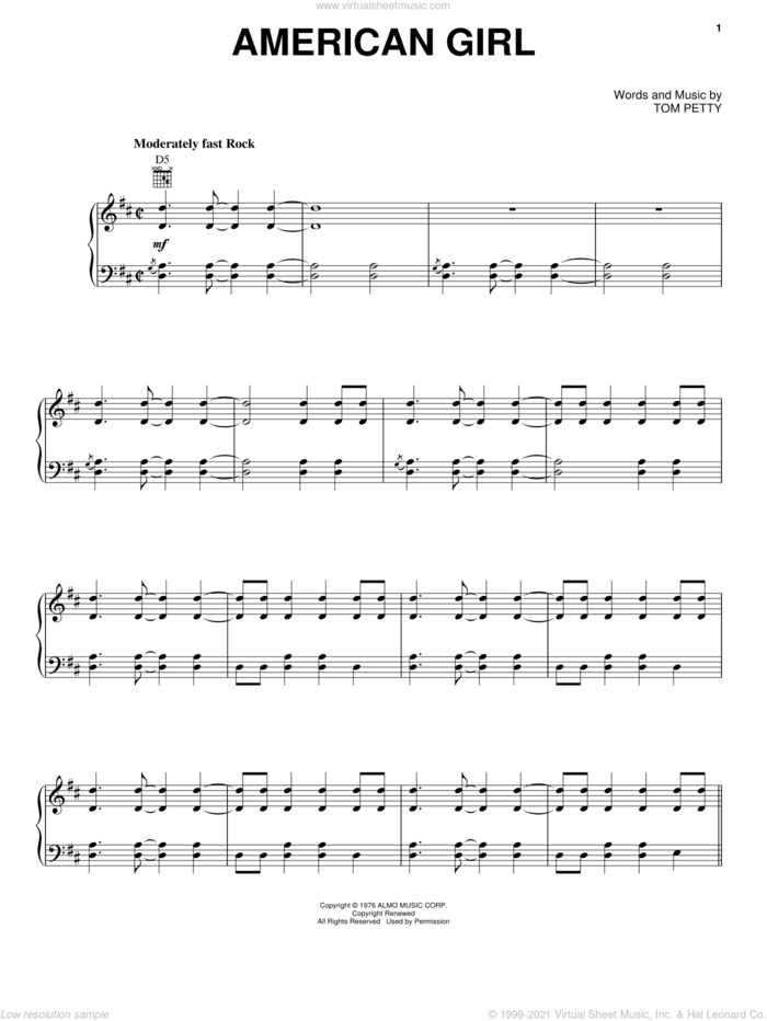 American Girl sheet music for voice, piano or guitar by Tom Petty And The Heartbreakers and Tom Petty, intermediate skill level