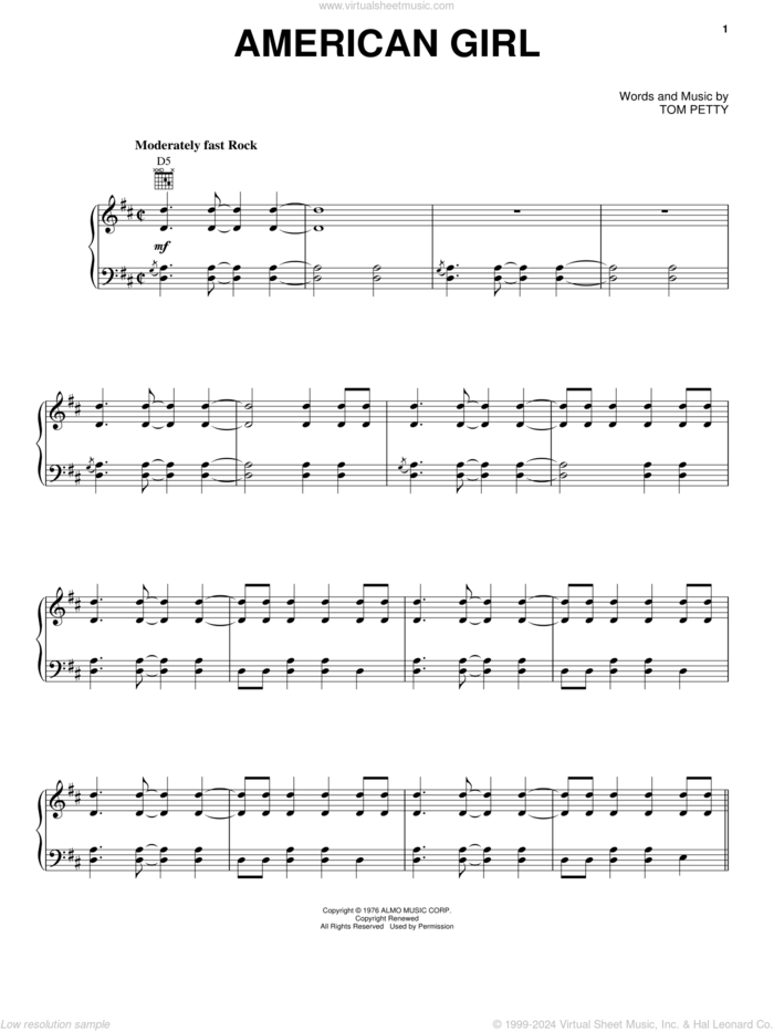 American Girl sheet music for voice, piano or guitar by Tom Petty And The Heartbreakers and Tom Petty, intermediate skill level