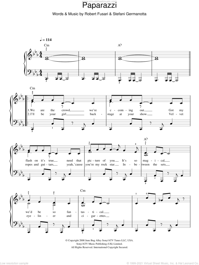 Paparazzi sheet music for piano solo by Lady GaGa and Robert Fusari, easy skill level