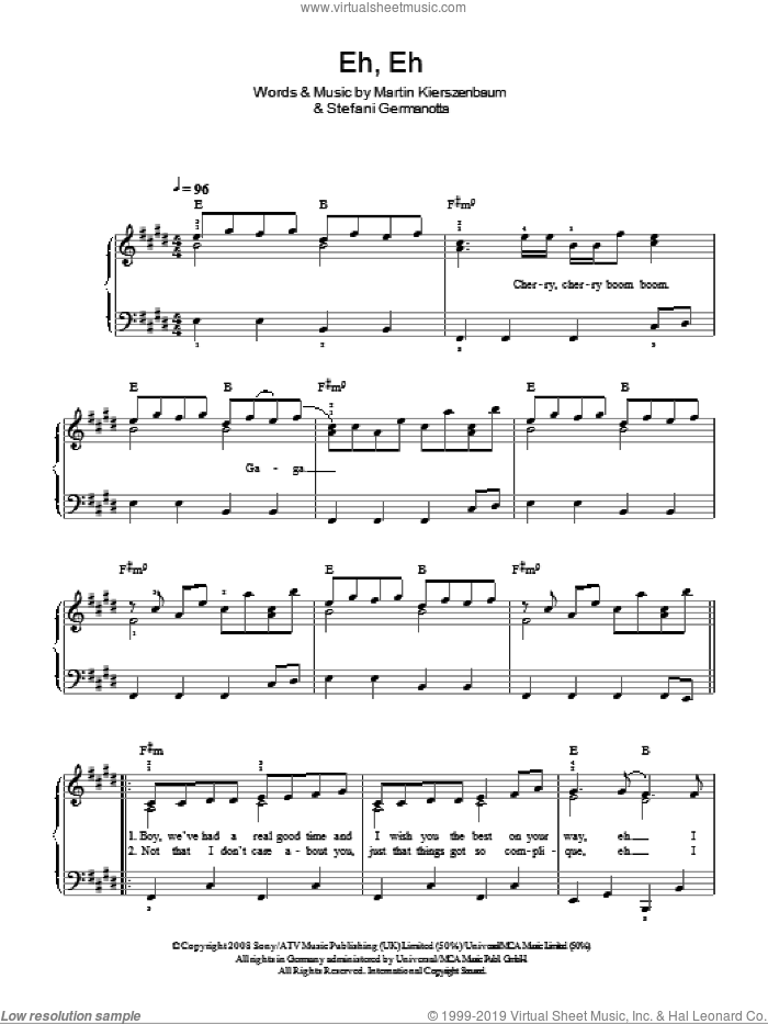 Eh, Eh (Nothing Else I Can Say) sheet music for piano solo by Lady GaGa and Martin Kierszenbaum, easy skill level