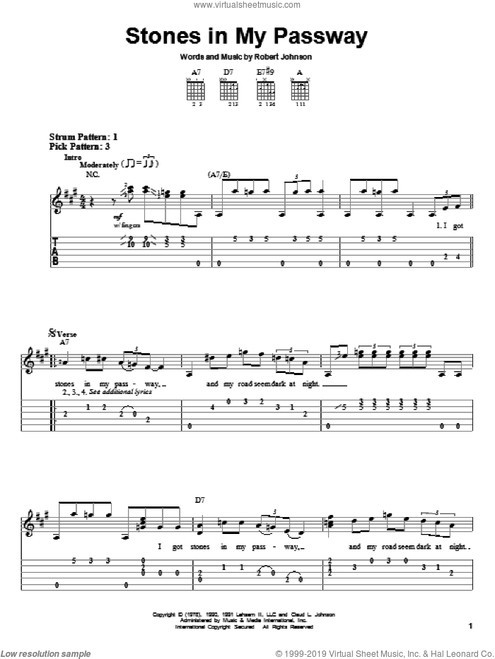 Stones In My Passway sheet music for guitar solo (easy tablature) by Robert Johnson, easy guitar (easy tablature)