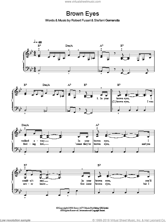 Brown Eyes sheet music for piano solo by Lady GaGa and Robert Fusari, easy skill level