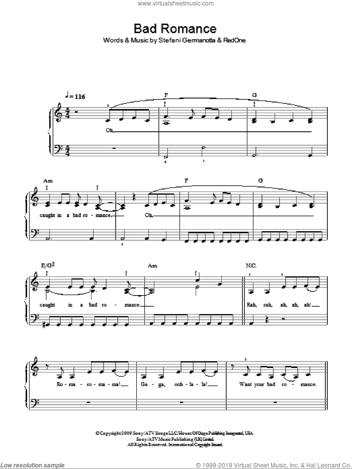 Bad Romance sheet music for piano solo by Lady GaGa and RedOne, easy skill level