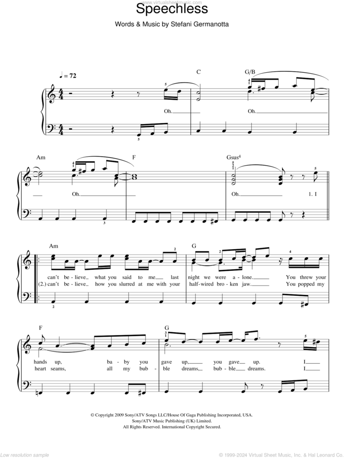 Speechless sheet music for piano solo by Lady GaGa, easy skill level
