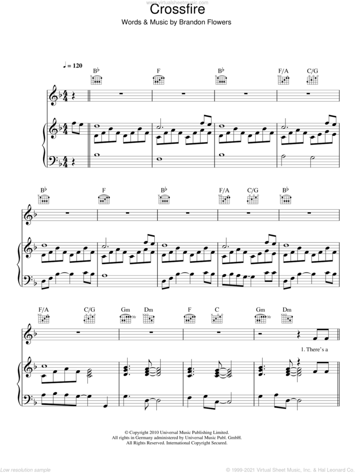 Crossfire sheet music for voice, piano or guitar by Brandon Flowers, intermediate skill level