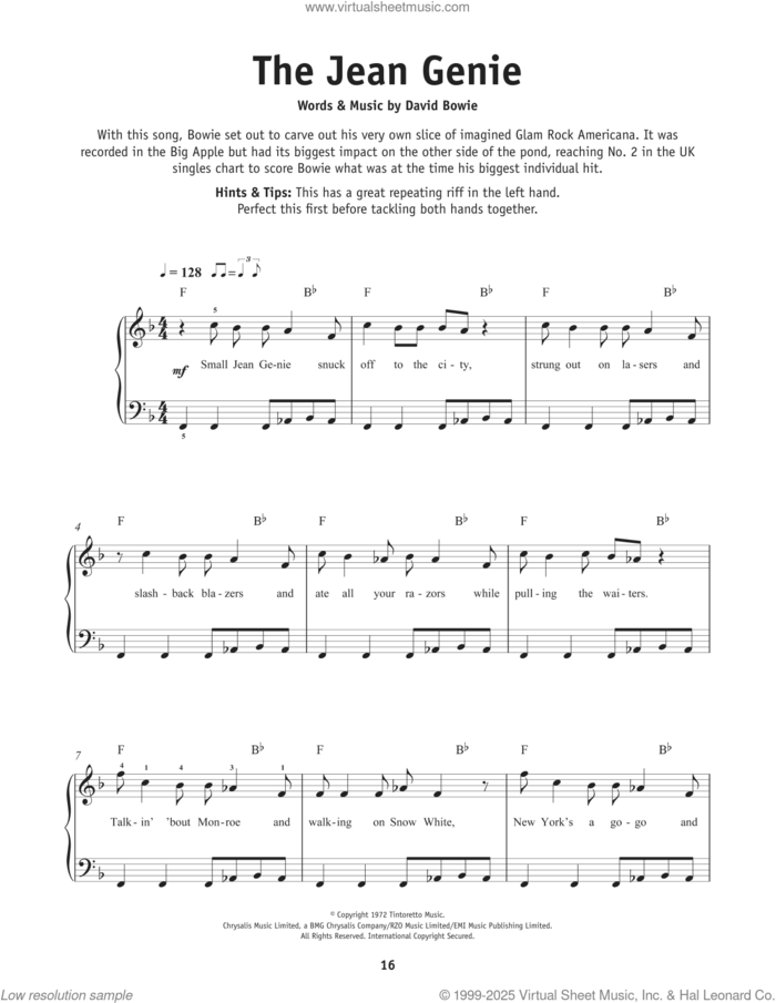 The Jean Genie sheet music for piano solo by David Bowie, beginner skill level