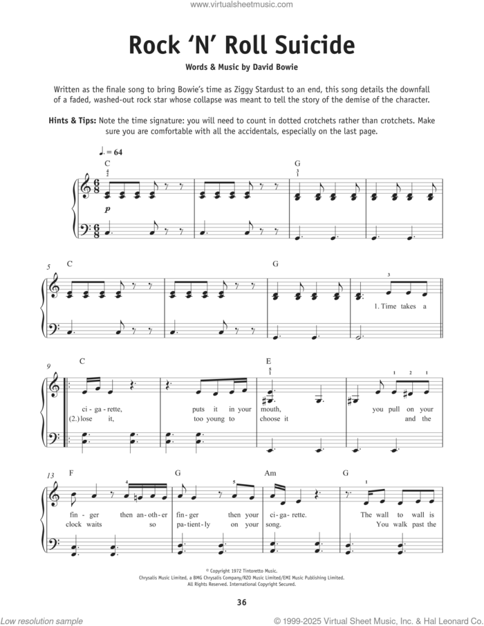 Rock 'n' Roll Suicide sheet music for piano solo by David Bowie, beginner skill level