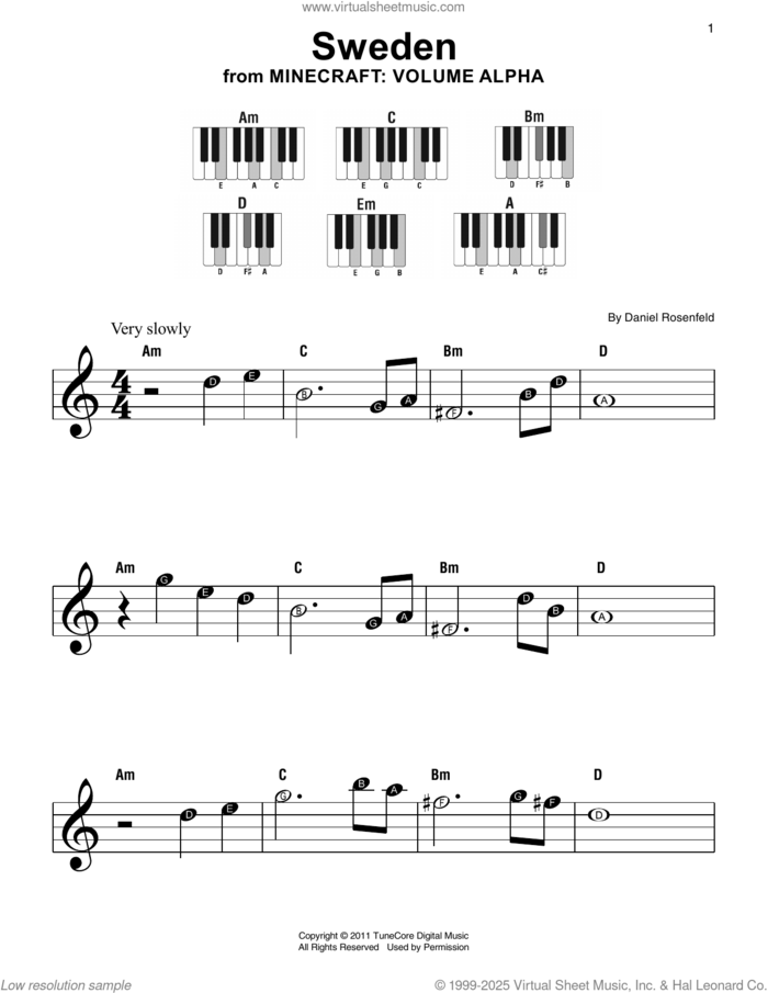 Sweden (from Minecraft), (beginner) sheet music for piano solo by C418 and Daniel Rosenfeld, beginner skill level