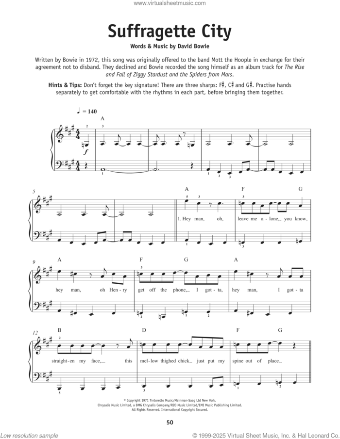 Suffragette City, (beginner) sheet music for piano solo by David Bowie, beginner skill level