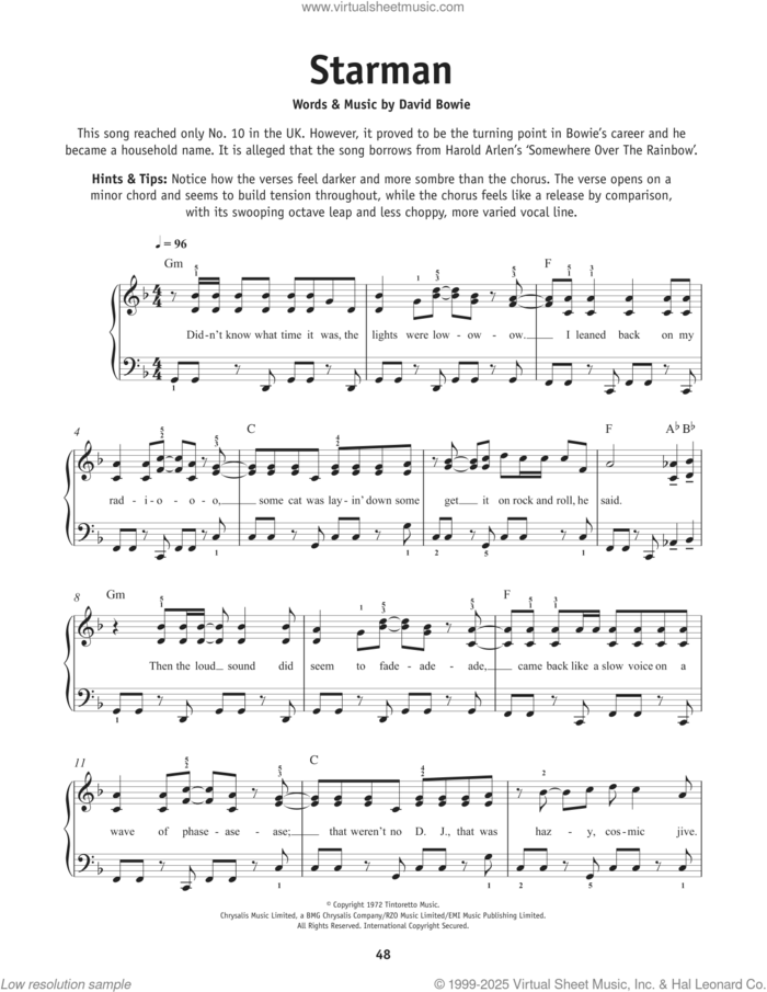 Starman, (beginner) sheet music for piano solo by David Bowie, beginner skill level