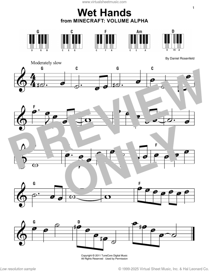 Wet Hands (from Minecraft), (beginner) sheet music for piano solo by C418 and Daniel Rosenfeld, beginner skill level