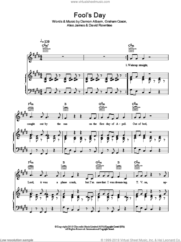 Fool's Day sheet music for voice, piano or guitar by Blur, Alex James, Damon Albarn, David Rowntree and Graham Coxon, intermediate skill level
