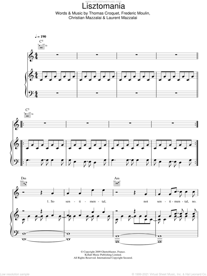 Lisztomania sheet music for voice, piano or guitar by Phoenix, Christian Mazzalai, Frederic Moulin, Laurent Mazzalai and Thomas Croquet, intermediate skill level