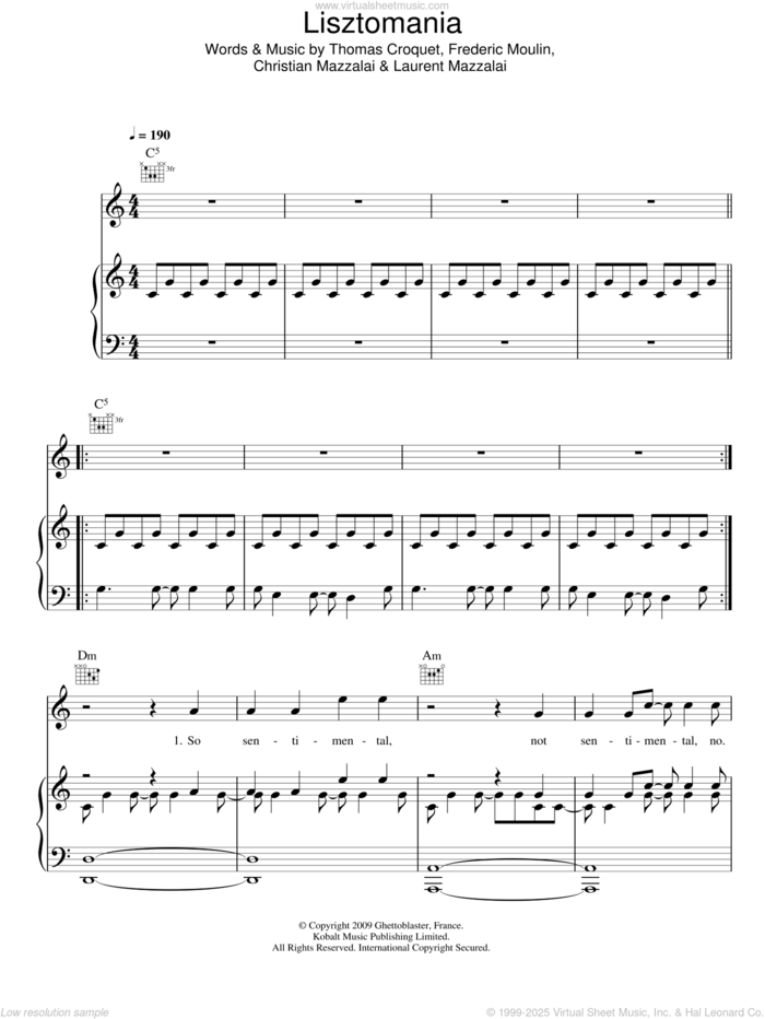 Lisztomania sheet music for voice, piano or guitar by Phoenix, Christian Mazzalai, Frederic Moulin, Laurent Mazzalai and Thomas Croquet, intermediate skill level