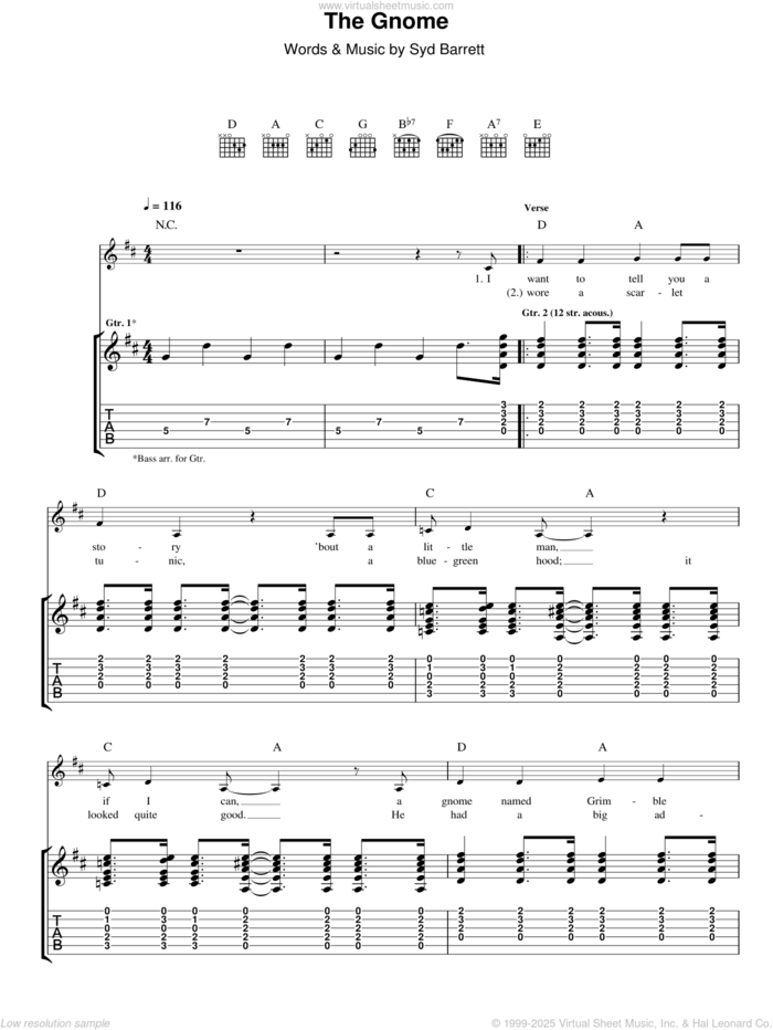 The Gnome sheet music for guitar (tablature) by Pink Floyd and Syd Barrett, intermediate skill level