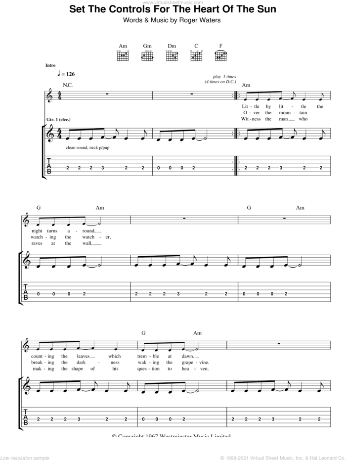 Set The Controls For The Heart Of The Sun sheet music for guitar (tablature) by Pink Floyd and Roger Waters, intermediate skill level