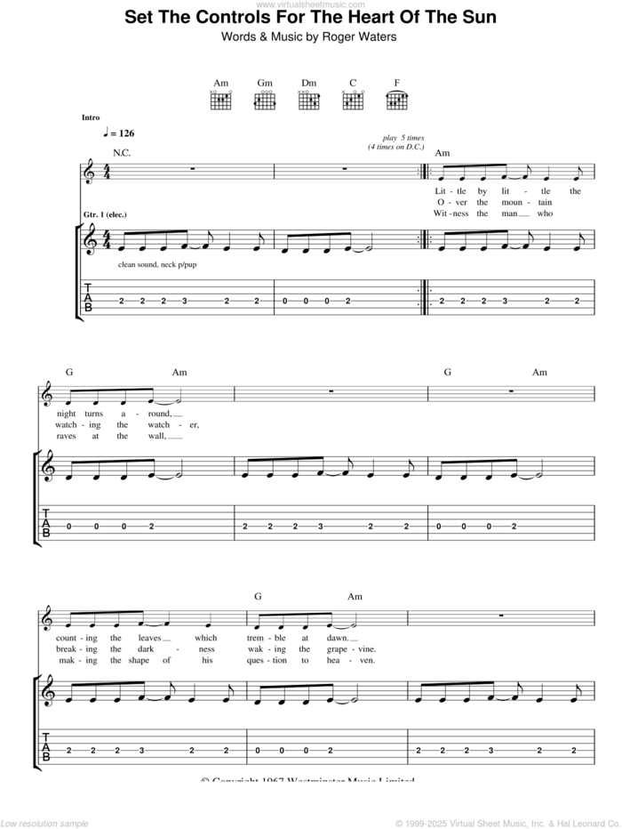 Set The Controls For The Heart Of The Sun sheet music for guitar (tablature) by Pink Floyd and Roger Waters, intermediate skill level