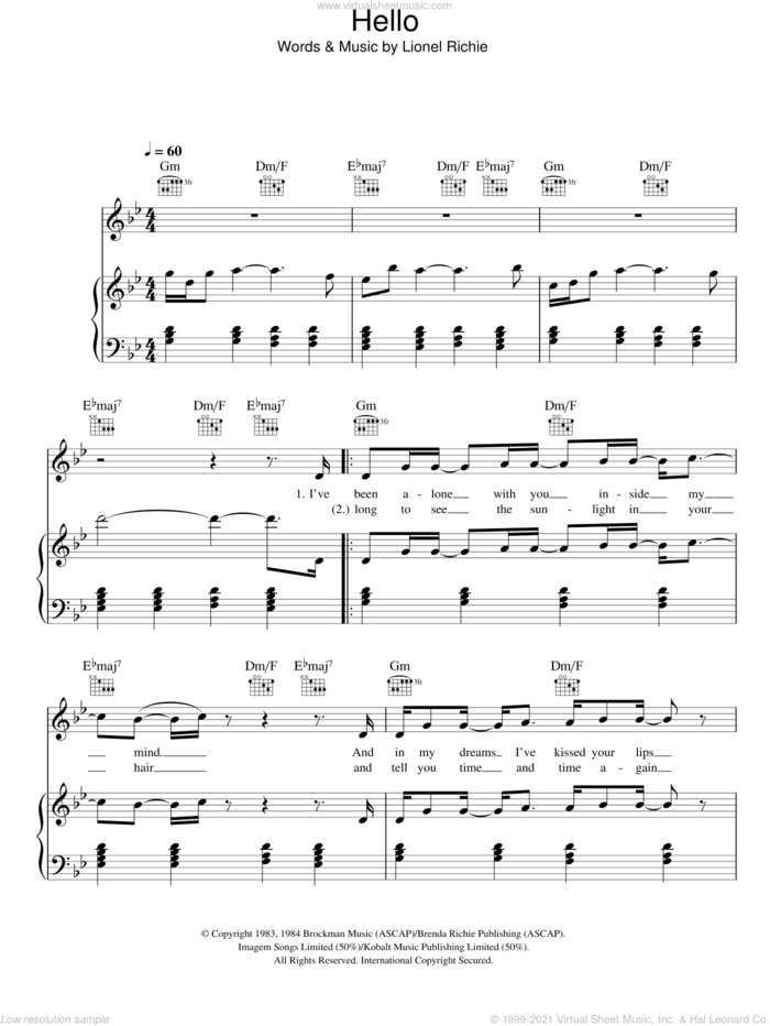 Hello sheet music for voice, piano or guitar by Glee Cast, Miscellaneous and Lionel Richie, intermediate skill level