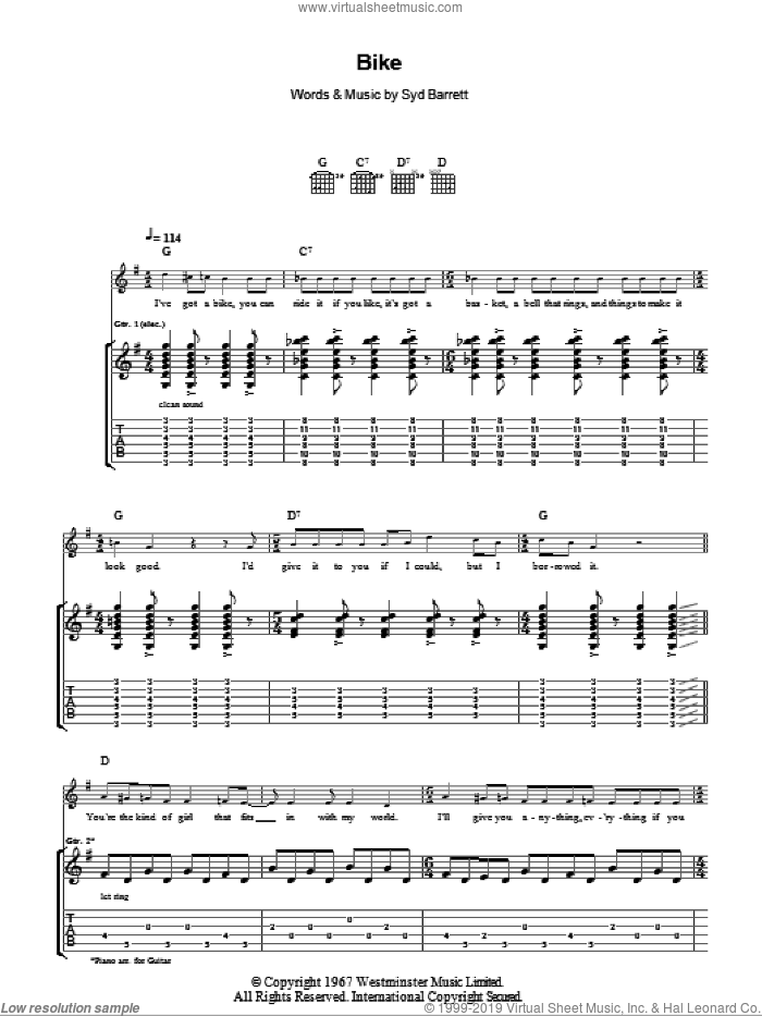 Bike sheet music for guitar (tablature) by Pink Floyd and Syd Barrett, intermediate skill level