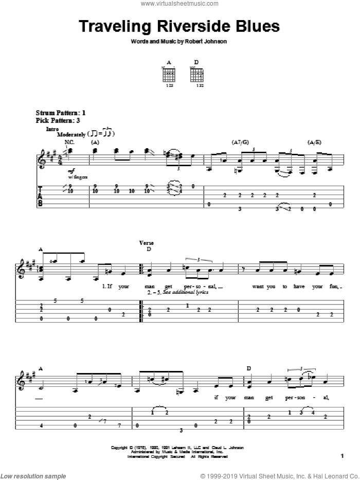 Traveling Riverside Blues sheet music for guitar solo (easy tablature) by Robert Johnson, easy guitar (easy tablature)