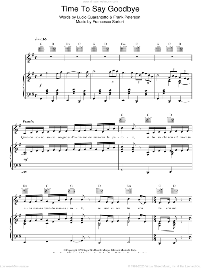 Time To Say Goodbye (Con Te Partiro) sheet music for voice, piano or guitar by Andrea Bocelli, Sarah Brightman & Andrea Bocelli, Francesco Sartori, Frank Petersen and Lucio Quarantotto, classical score, intermediate skill level