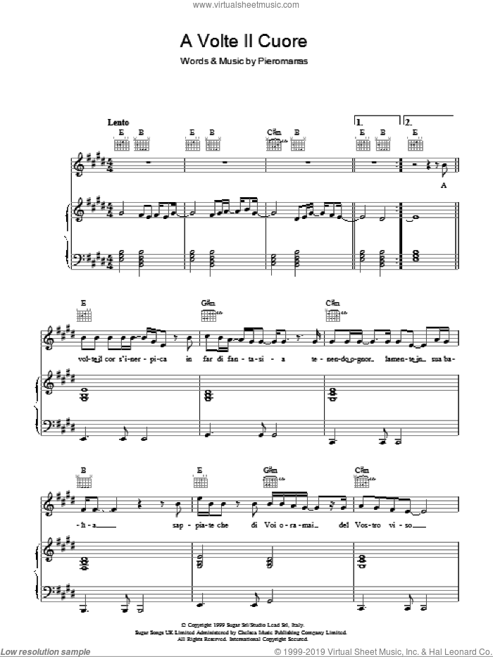 A Volte Il Cuore sheet music for voice, piano or guitar by Andrea Bocelli and Pieromarras, classical score, intermediate skill level