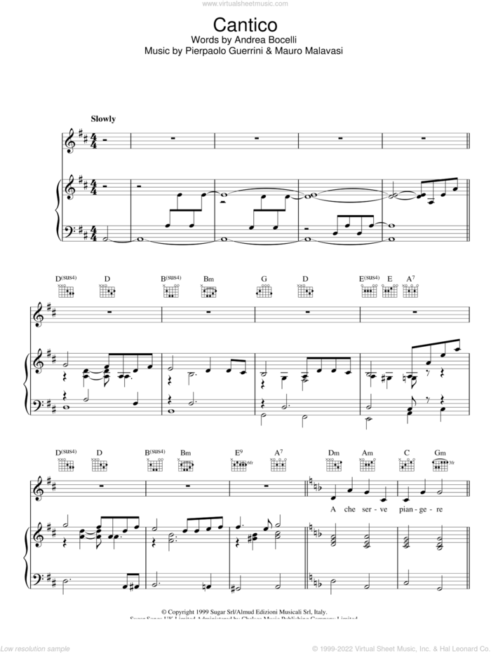 Cantico sheet music for voice, piano or guitar by Andrea Bocelli, Mauro Malavasi and Pierpaolo Guerrini, classical score, intermediate skill level