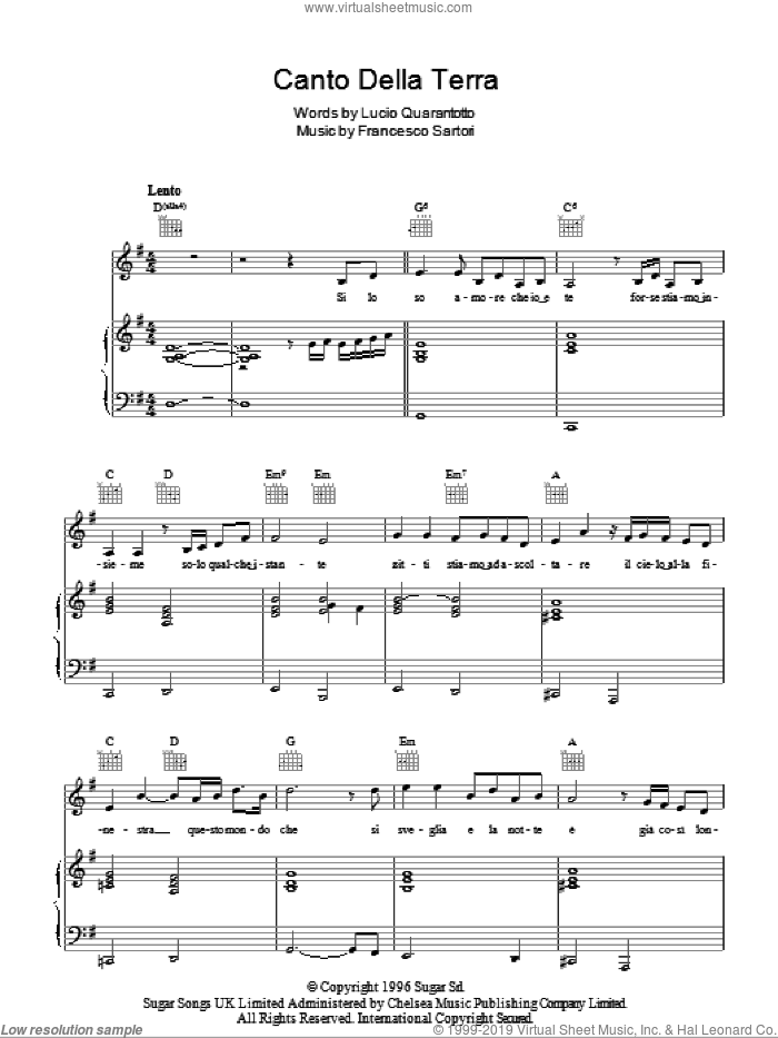 Canto Della Terra sheet music for voice, piano or guitar by Andrea Bocelli, Francesco Sartori and Lucio Quarantotto, classical score, intermediate skill level