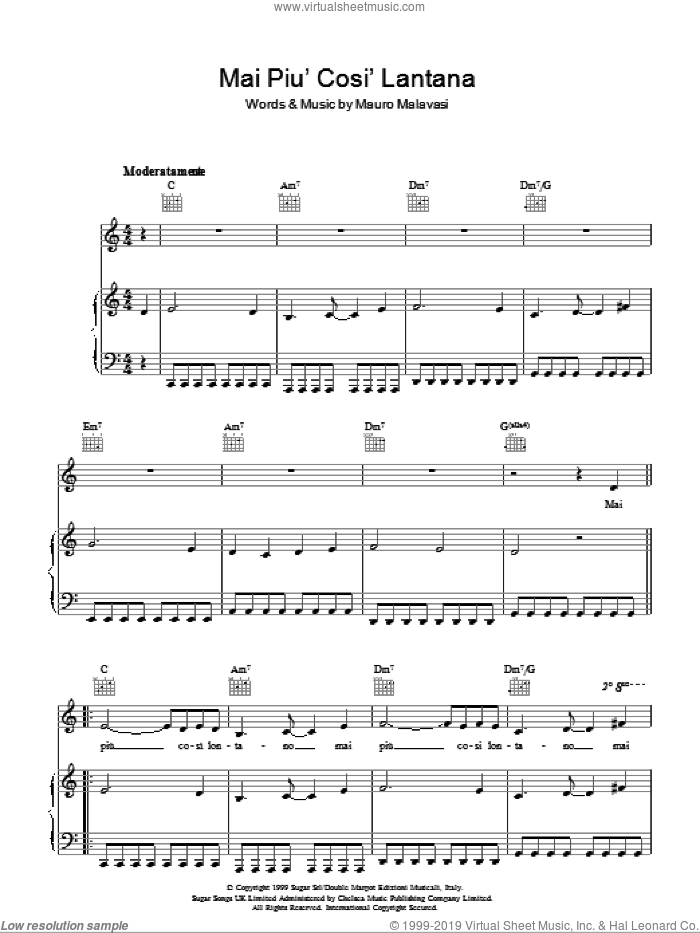 Mai Piu' Cosi' Lontano sheet music for voice, piano or guitar by Andrea Bocelli and Mauro Malavasi, classical score, intermediate skill level