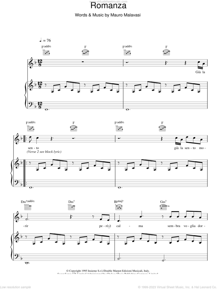 Romanza sheet music for voice, piano or guitar by Andrea Bocelli and Mauro Malavasi, classical score, intermediate skill level